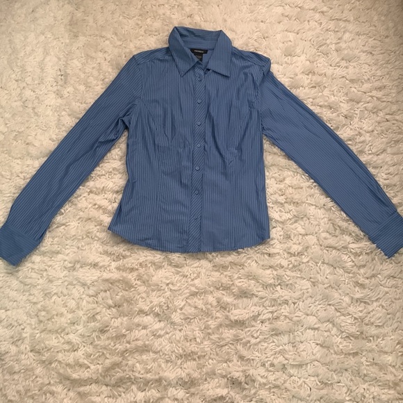 Y2K Express Blue Stripe Stretch Button Down Shirt - Picture 2 of 3